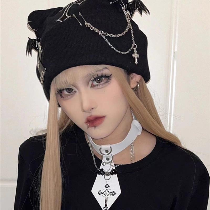 Punk Cat Ear Cross Chain Wool Hat