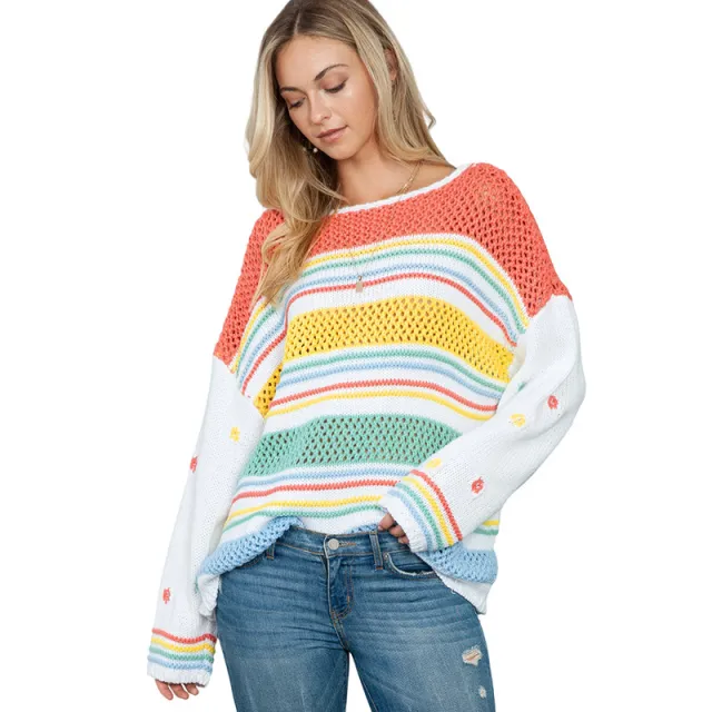 Rainbow Striped Pullover Women's European And American Fashion Dopamine Contrast Color Round Neck Sweater Lc2723279 Color - Shop at LoveMi
