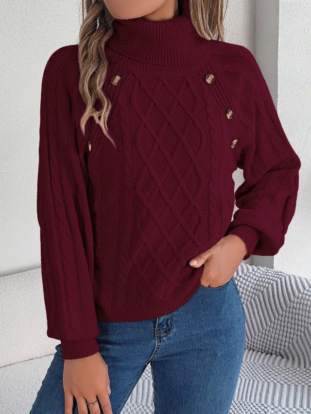 Casual Buttons Cable knit Turtleneck Lantern Sleeve Pullover Sweater Wine Red - Shop at LoveMi