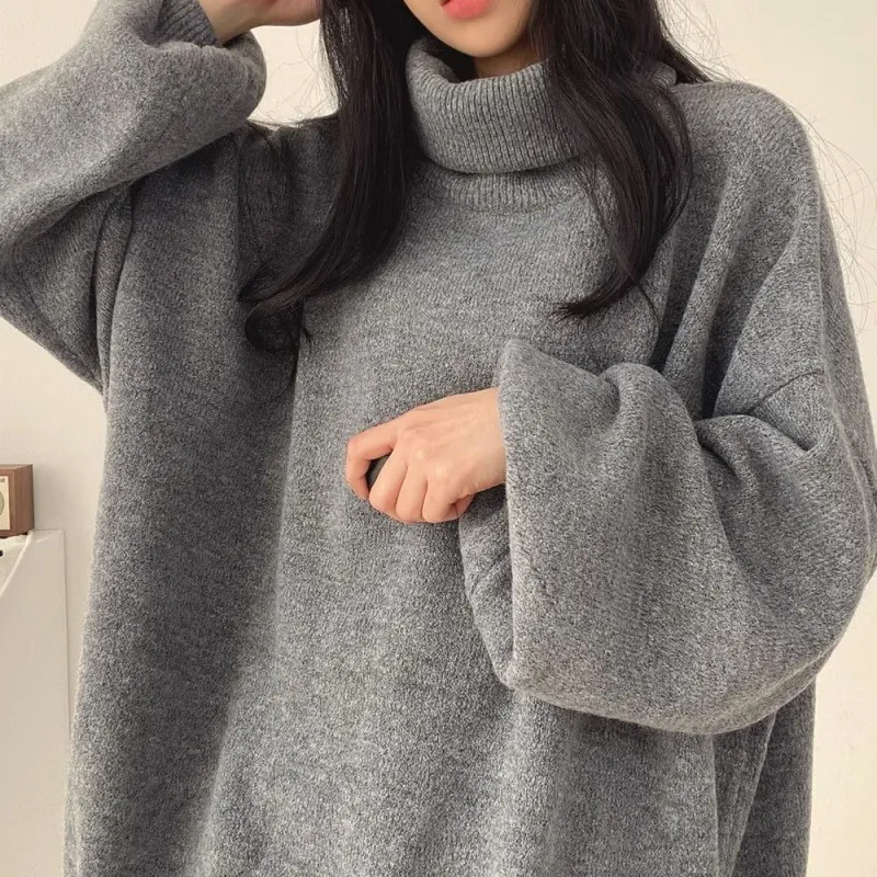 Thick Turtleneck Lazy Style Loose Bottoming Sweater Top - Gray