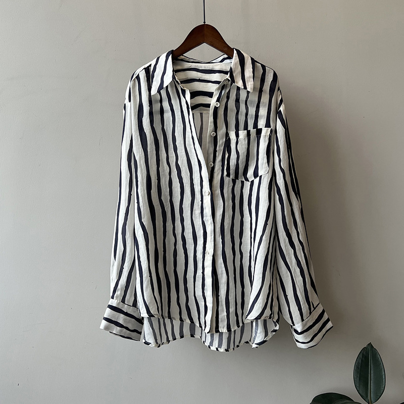 Vertical Striped Long sleeved Shirt Lightweight Sun Protection Top Navy - Shop at LoveMi