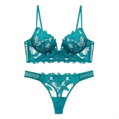 European And American Underwear Gathered Deep V Three-dimensional Embroidery Mesh - Green - View 1