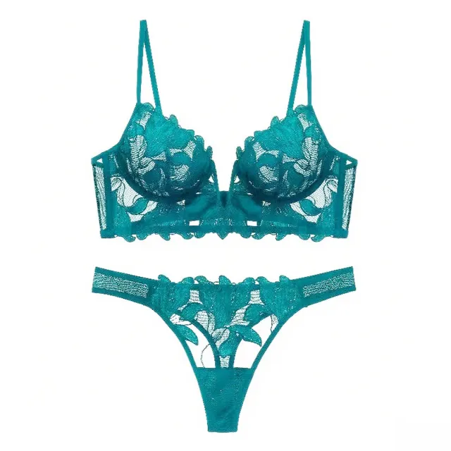 European And American Underwear Gathered Deep V Three dimensional Embroidery Mesh Green - Shop at LoveMi
