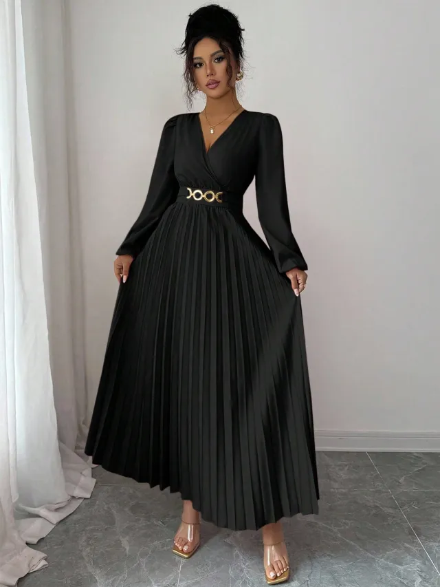 Women's Solid color Casual Chic V neck Dress Black - Shop at LoveMi