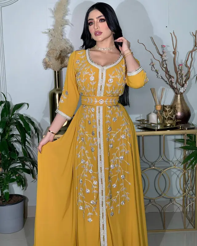 Women's Middle East Hot Fix Rhinestone Kraft Tan Robe Gown Yellow Containing Belt - Shop at LoveMi