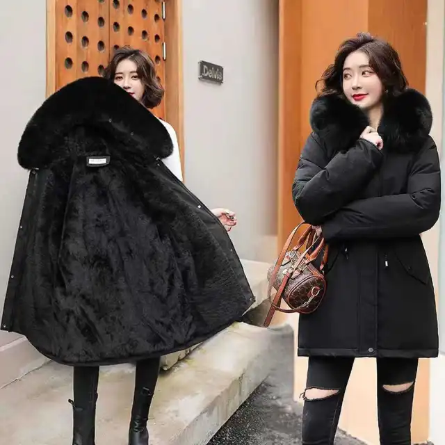 Long Style Large Fur Collar Fleece Lined Cotton Jacket Down Cotton Coat Outerwear Snowflake Black - Shop at LoveMi