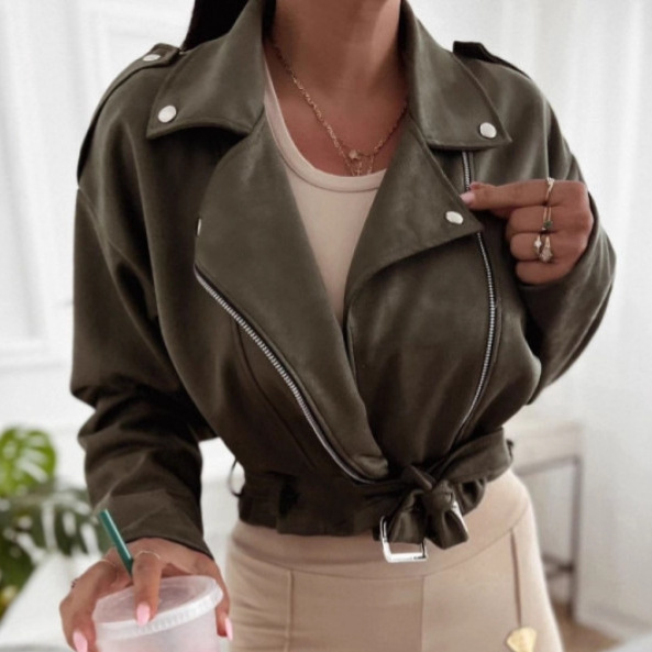 Women's Lapel Zipper Suede Short Coat