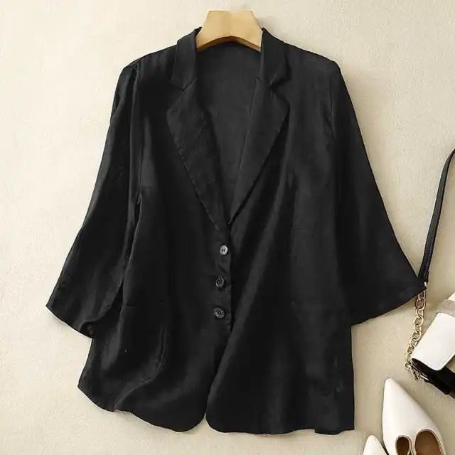 Cotton And Linen Loose Slimming Middle Sleeve Suit Jacket Black - Shop at LoveMi