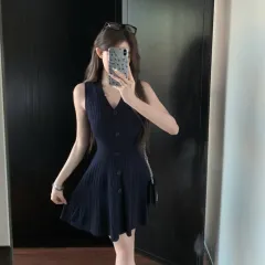 V-neck Slim Thread Tips Man Attracted Knitted Fishtail Dress - Blue - View 1