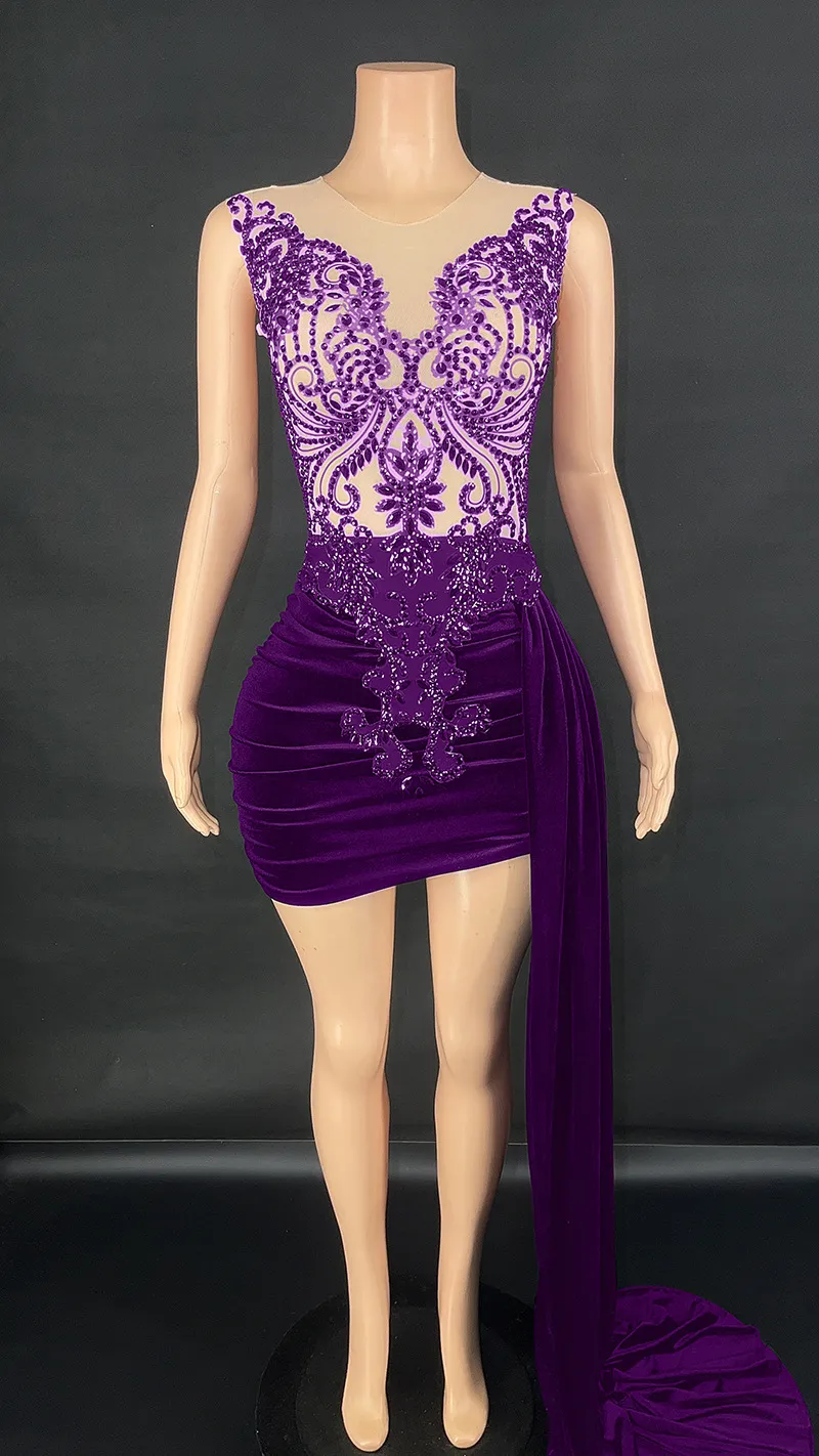 Summer Luxury Evening Dress Female Singer Stage Costume Senior Dress Side Trailing Skirt - Purple