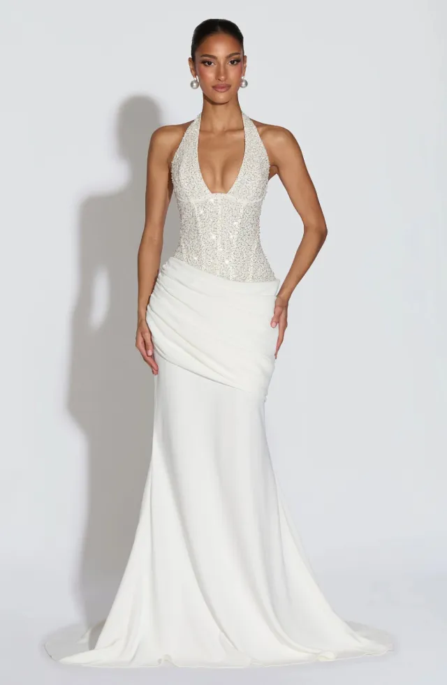 Body con Sparkle Irregular Draped Evening Dress Women's Long Gown White - Shop at LoveMi