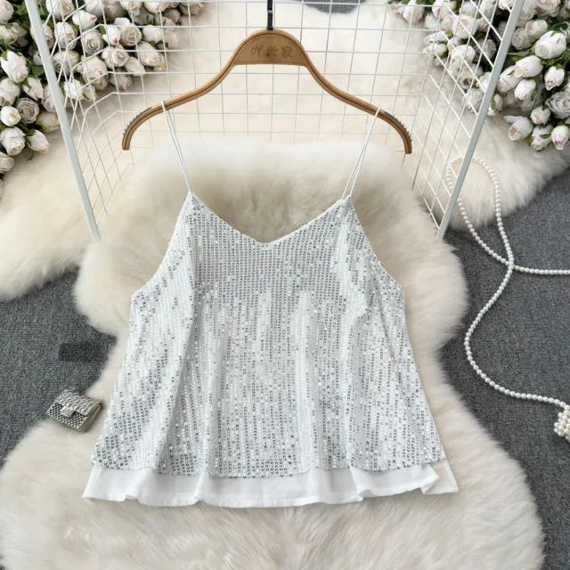 Women's Versatile Loose Sequin Camisole Vest Silver - Shop at LoveMi
