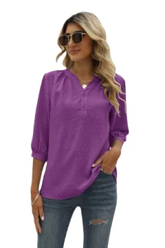 Women's Stand-up Collar Medium-sleeve Shirt Jacquard Fur Ball Casual Loose Top - Purple - View 1