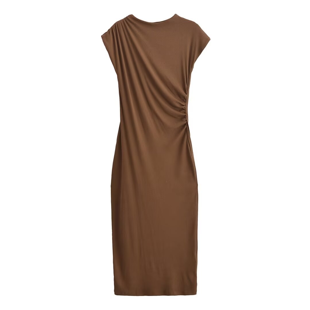 Spring And Summer New Round Neck Short Sleeve Pleated Dress Women Camel - Shop at LoveMi