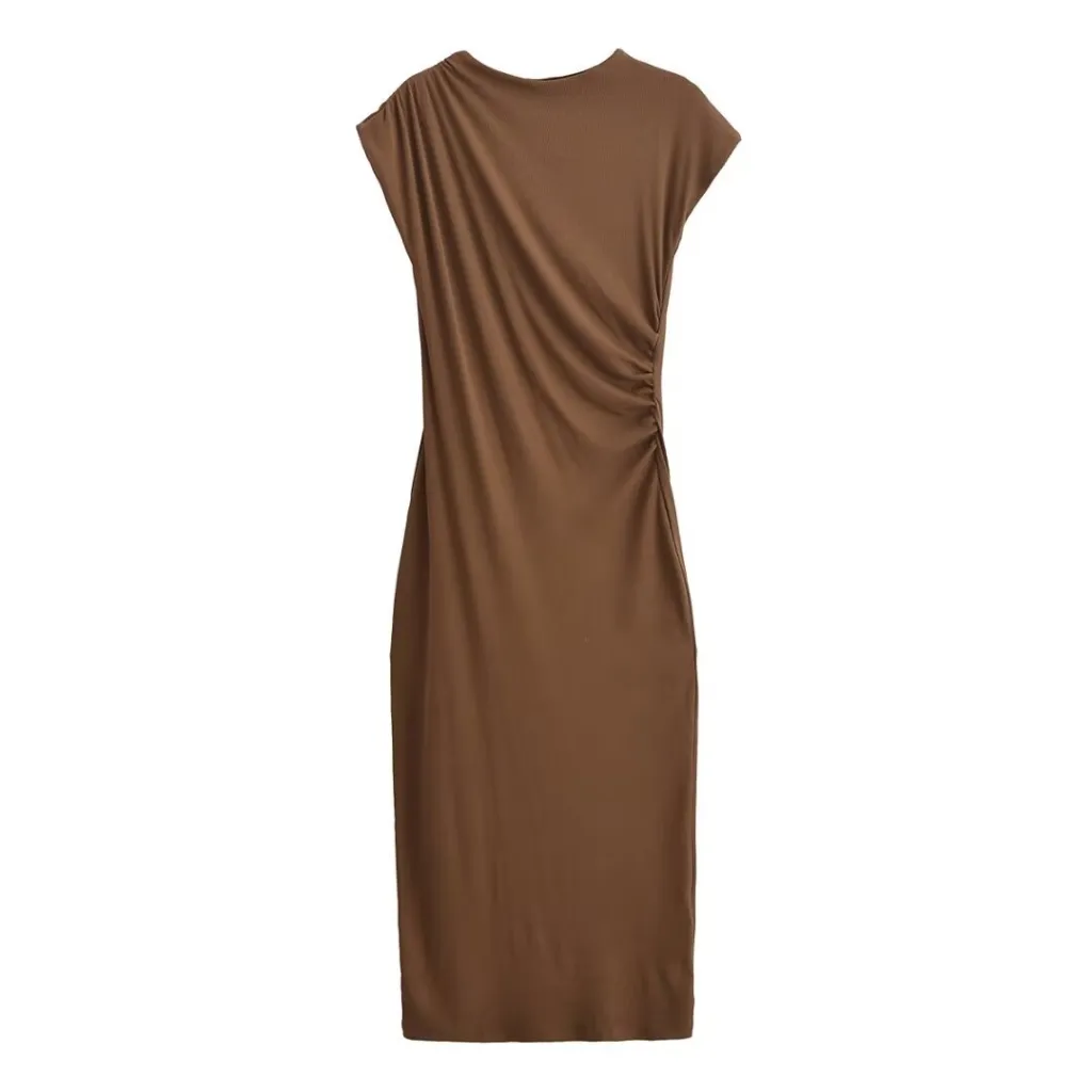 Spring And Summer New Round Neck Short Sleeve Pleated Dress Women - Camel