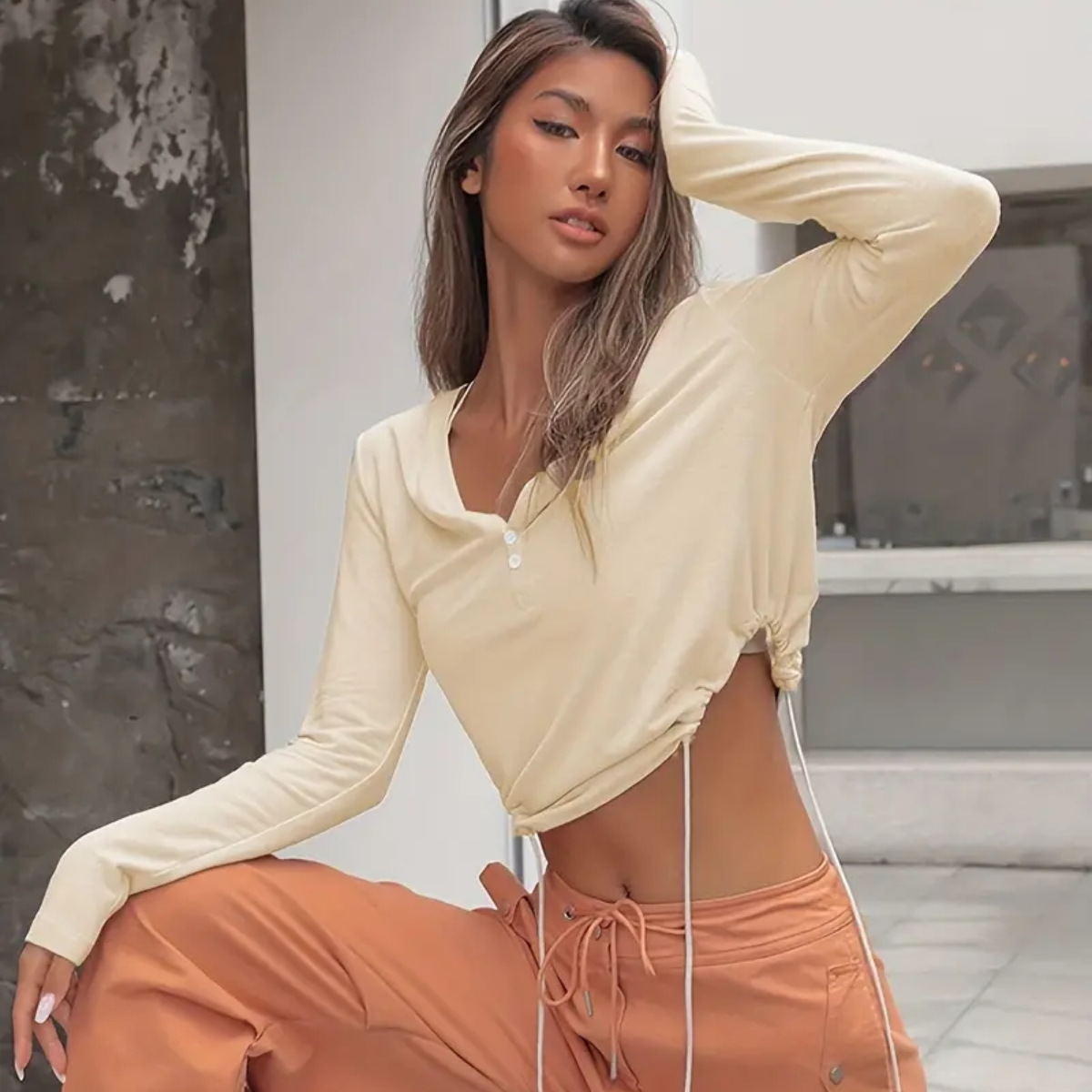 Women's Solid Color Long Sleeve V neck Lace up Top Apricot - Shop at LoveMi