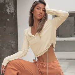 Women's Solid Colour Long Sleeve V-neck Lace-up Top - Apricot - View 1