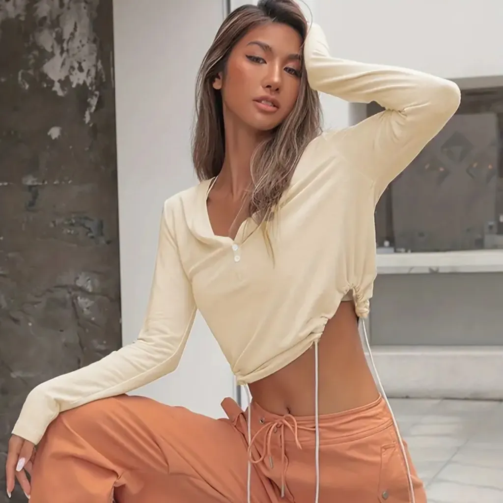Women's Solid Color Long Sleeve V-neck Lace-up Top - Apricot