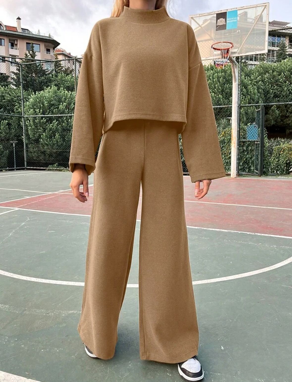 Casual Laid back Style Knitted Long sleeved Top Loose Comfortable Trousers Suit Khaki - Shop at LoveMi