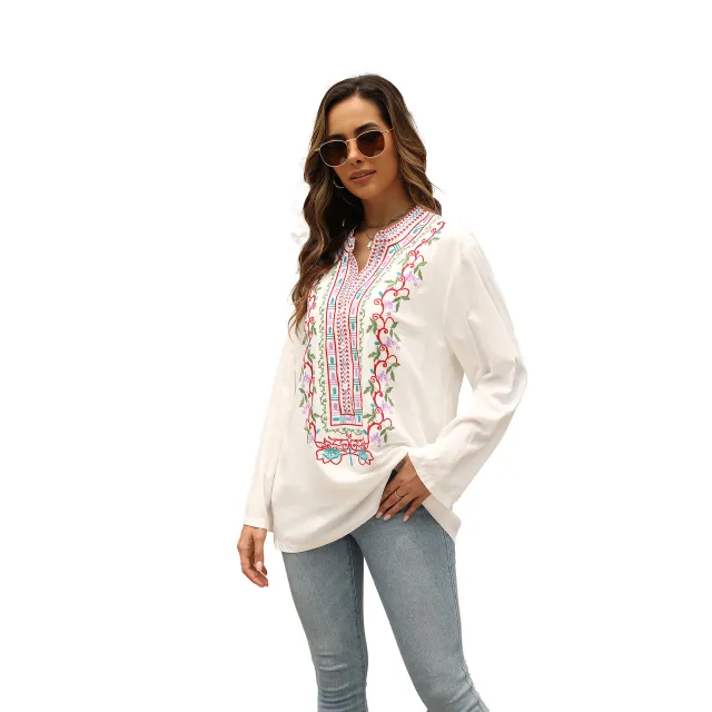 Women's Embroidered Mid length Stand Collar Shirt White - Shop at LoveMi