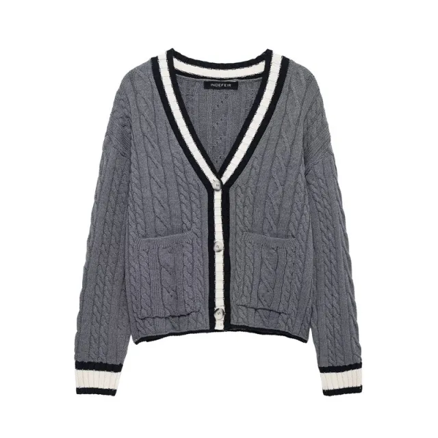 Women's Fashion Color Contrast V neck Twisted Flower Cardigan Knitted Coat Gray - Shop at LoveMi