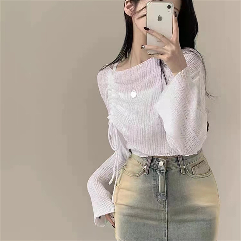 Knitwear High-grade Short Off-shoulder Long-sleeved Top Two-piece Set