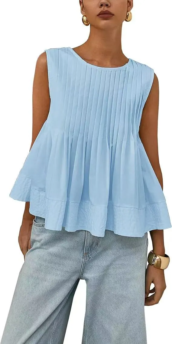 Pleated Slim-fit Loose Vest Shirt - Blue