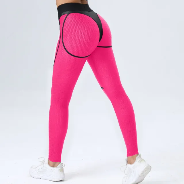 Skinny Yoga Pants Patchwork Sexy Sports Hip lifting Trousers Fitness Fluorescent Pink - Shop at LoveMi