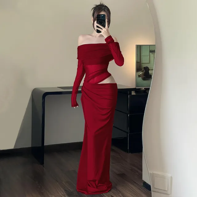 Spring New Off shoulder Mesh Stitching Long Sleeves Hollow Dress Women Red - Shop at LoveMi