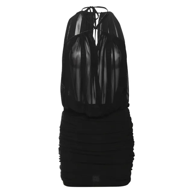 Women's Cross Lace up Tube Top Vest Mesh Pleats Dress Black - Shop at LoveMi