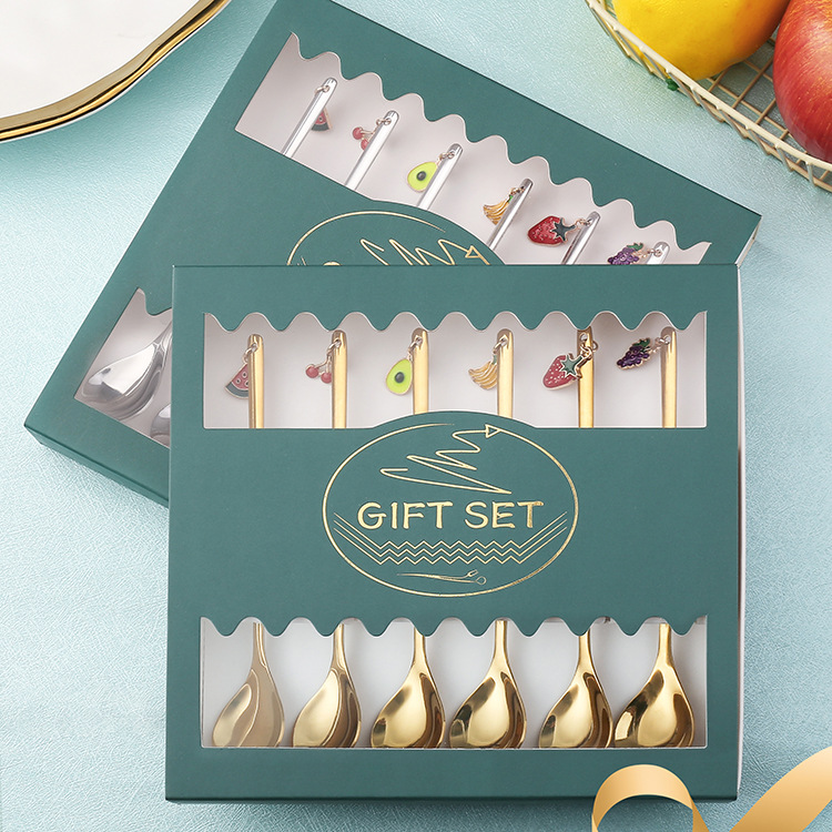 Stainless Steel Cute Strawberry Pendant Dessert Spoon Fruit Fork Coffee Spoon Gift Box