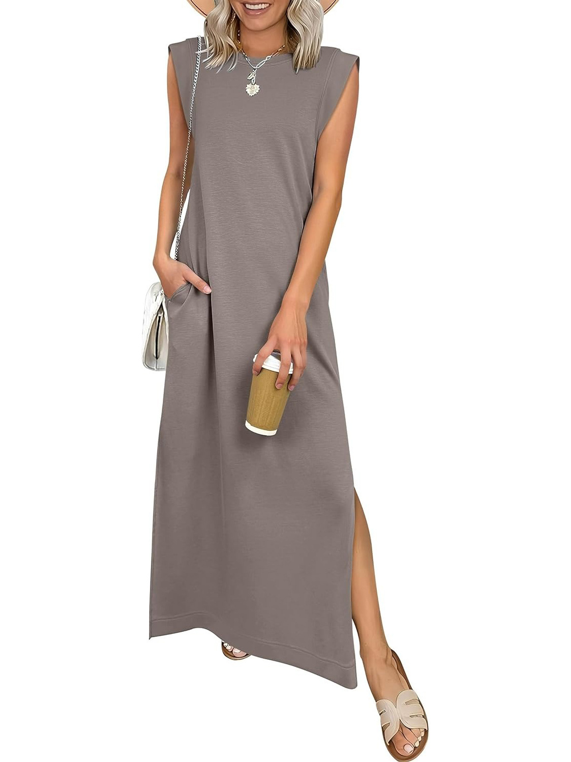Women's Round Neck Raglan Sleeve Pocket Long Dress 20