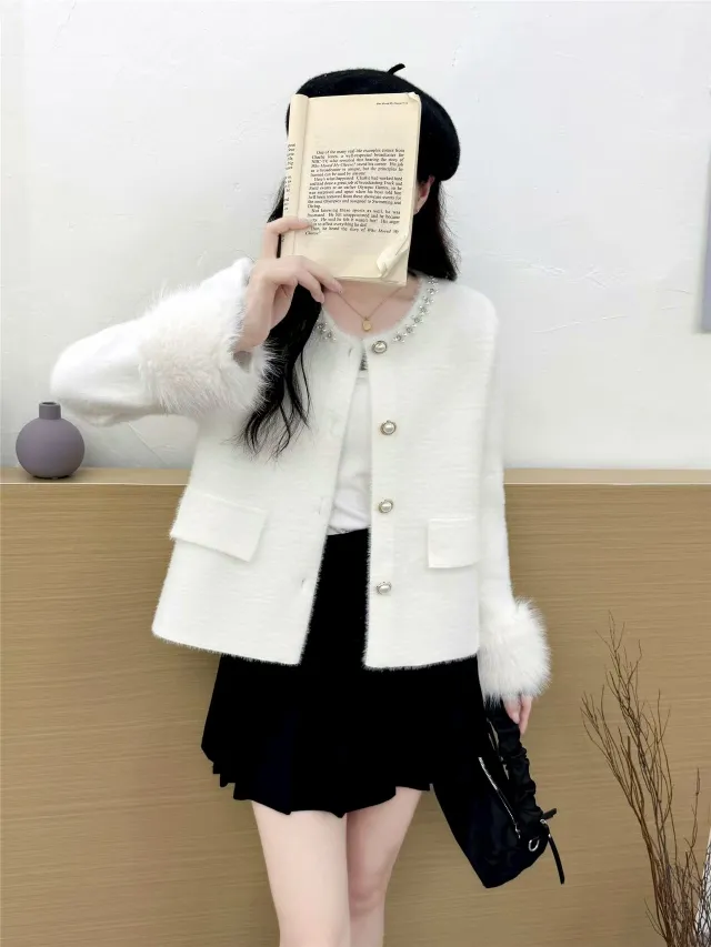 Chanel style Knitted Cardigan Autumn Women's Sweater Jacket White - Shop at LoveMi