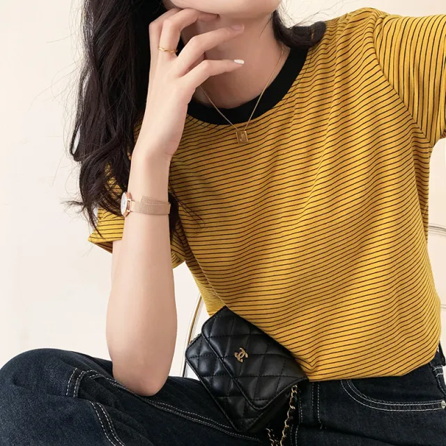 Autumn And Winter Brown Pullover Base Short Sleeve Turtleneck Round Neck Temperament Commute Striped Loose Cotton Base Shirt Yellow - Shop at LoveMi