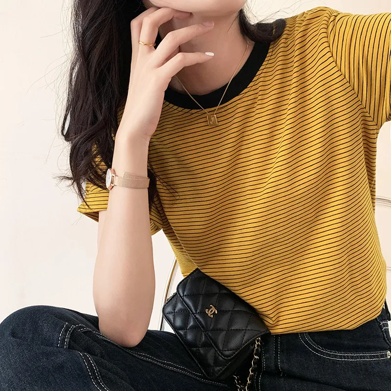 Autumn And Winter Brown Pullover Base Short Sleeve Turtleneck Round Neck Temperament Commute Striped Loose Cotton Base Shirt - Yellow