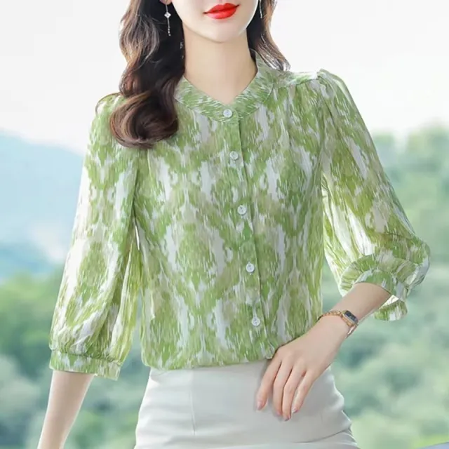 Floral Shirt Women's Three quarter Sleeve Summer New Loose Slimming Shirt Green Premium Edition - Shop at LoveMi