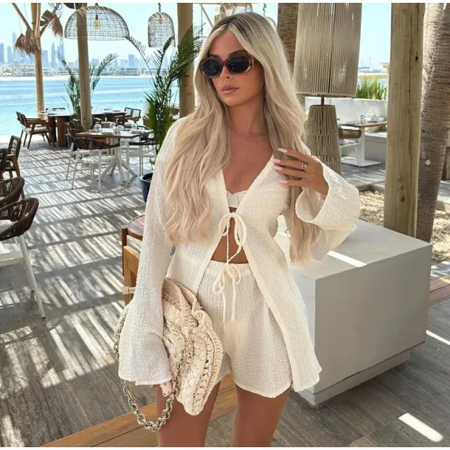 Women's Long sleeved Lace up Shorts Suit One Set - Shop at LoveMi