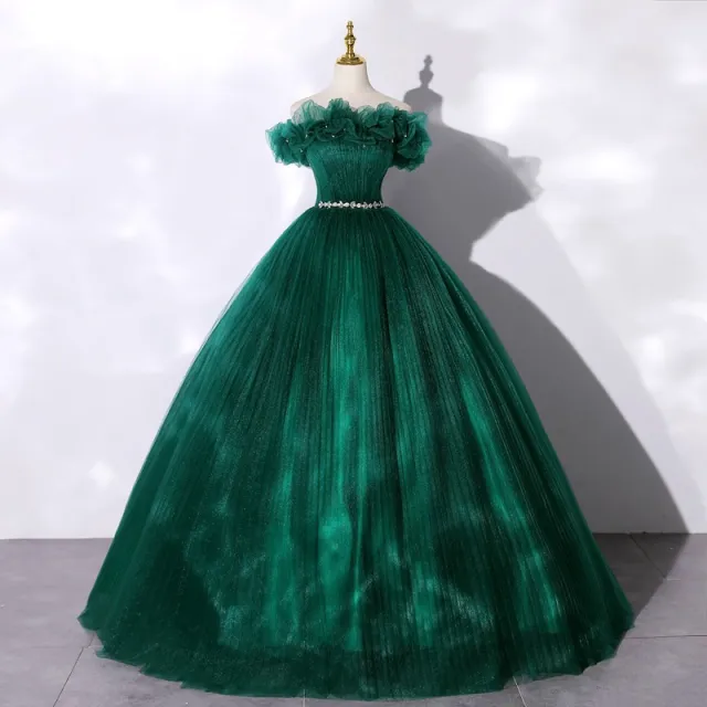 Off shoulder Evening Dress Banquet Temperament Dark Green - Shop at LoveMi