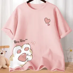 Summer Cartoon Cute Sweet Cat Claw Love Printed Short Sleeve - Pink - View 1
