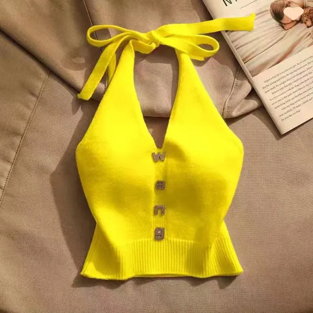 Summer Design Sense Off the shoulder Short Halter Spaghetti Straps Vest Yellow - Shop at LoveMi