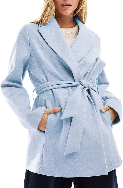 Women's Fashion Belt Notched Lapel Pea Coat Light Blue - Shop at LoveMi