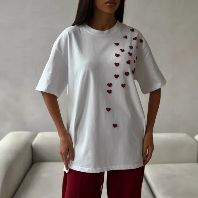 Women's Love Embroidered Casual Round Neck Short Sleeves White - Shop at LoveMi