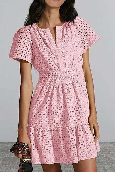 Female V neck Hollow Lace Pleated Short Sleeves Dress Pink - Shop at LoveMi