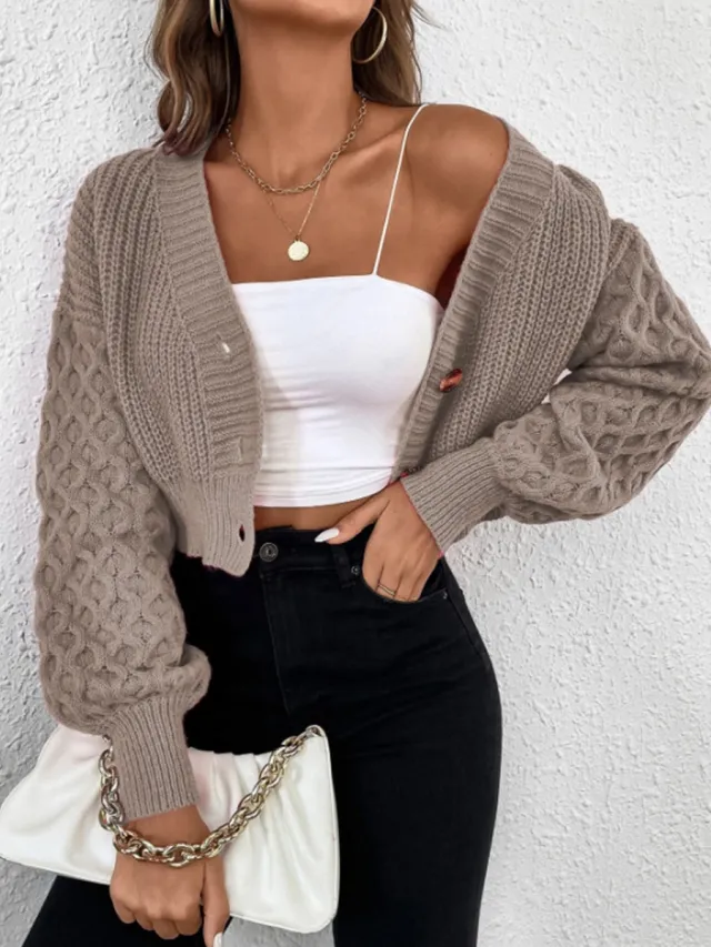 Solid Color Design Drop shoulder Sleeve Knitted Cardigan Khaki - Shop at LoveMi