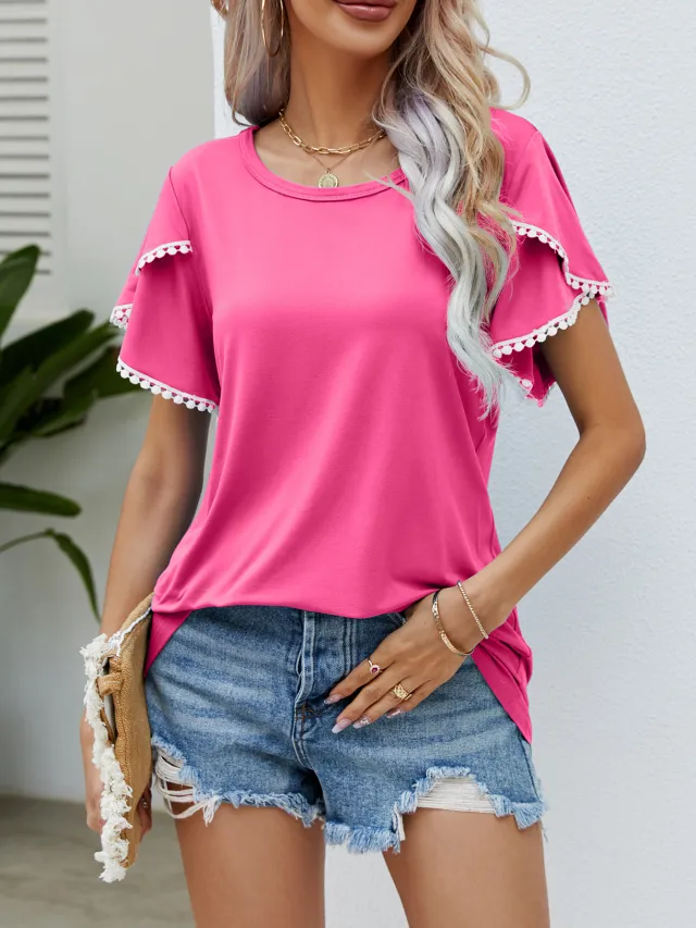 Round Neck Tassel Tulip Sleeve T shirt Casual Top For Women Red - Shop at LoveMi