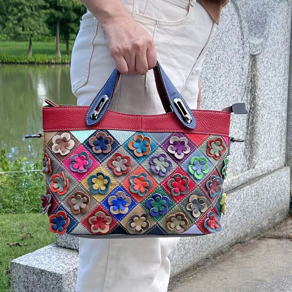 Womens Genuine Leather Bag Handcrafted With Colorful Plaid Cowhide Patchwork