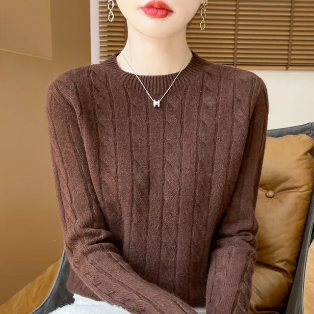 Twist Sweater Knit Vintage Round Neck Base Shirt Coffee - Shop at LoveMi
