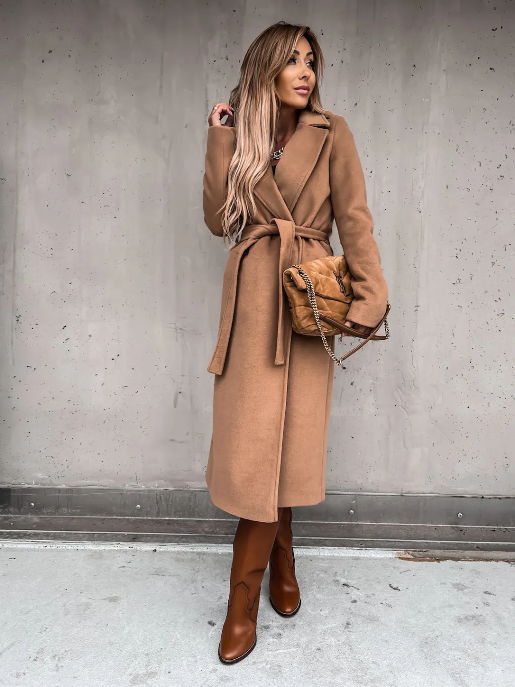 Woolen Coat Simple Fashion V-neck Lace Up Long Coat For Women - Khaki