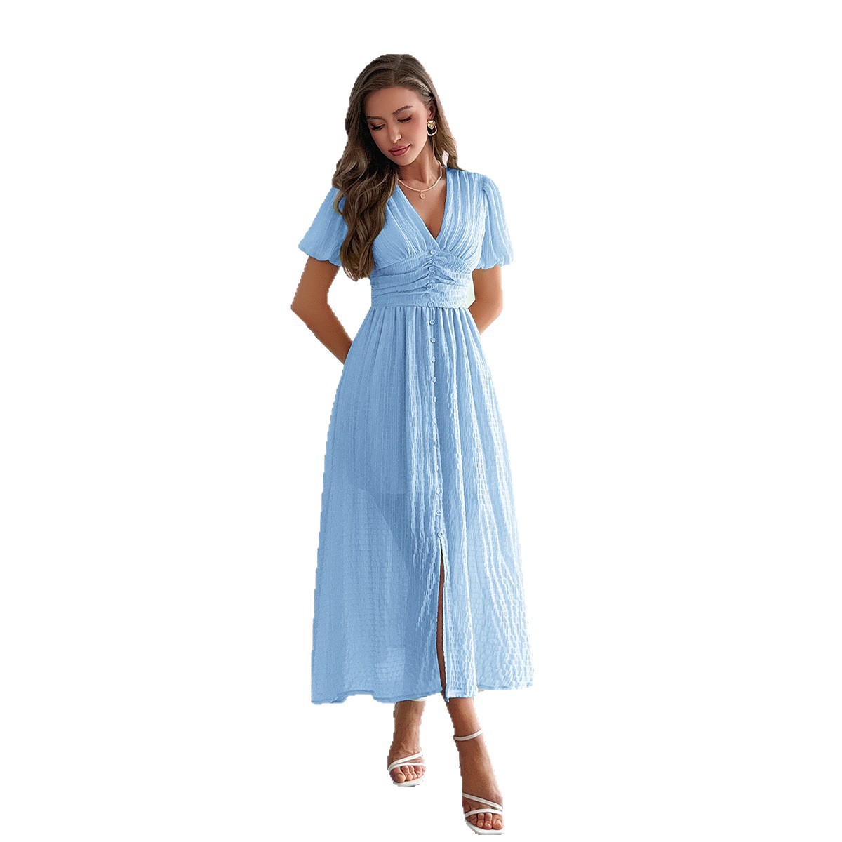 Elegant Vacation Style Deep V Short Sleeve Maxi Dress