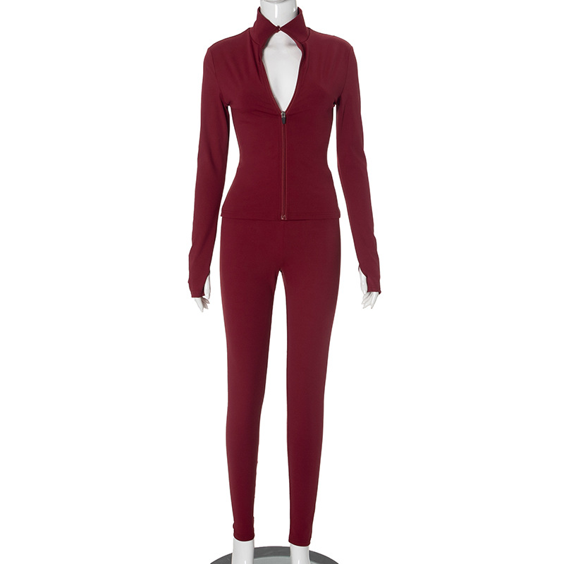 Zipper Coat High Waist Slim Trousers Suit